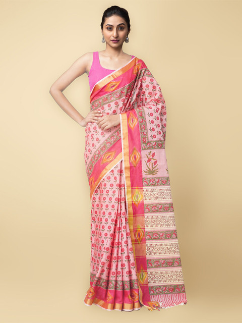 

Unnati Silks Pink Floral Pure Cotton Sambalpuri Saree