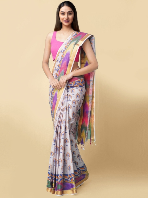 

Unnati Silks Women Grey & Blue Pure Block Printed Sambalpuri Cotton Sustainable Saree