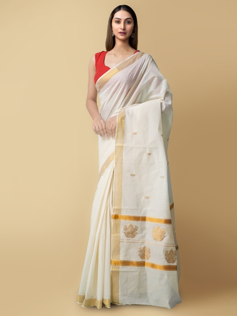 

Unnati Silks Off White & Gold-Toned Pure Cotton Kasavu Saree