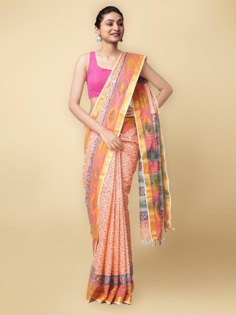 

Unnati Silks Red & Pink Floral Pure Cotton Sambalpuri Saree