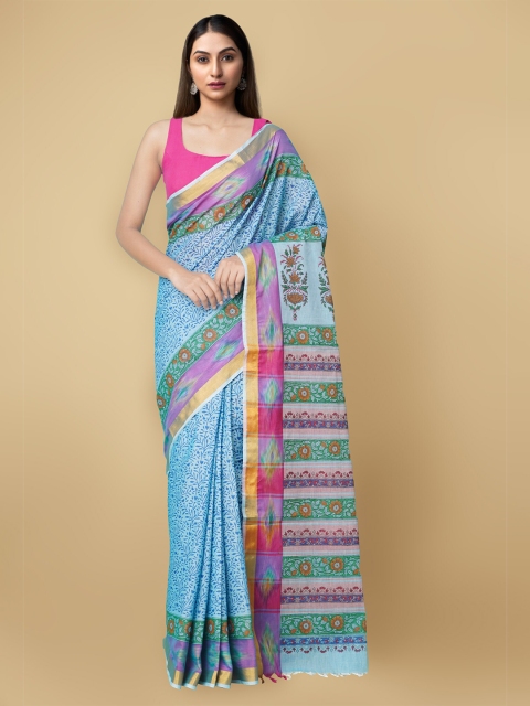 

Unnati Silks Blue & Orange Floral Pure Cotton Sambalpuri Saree