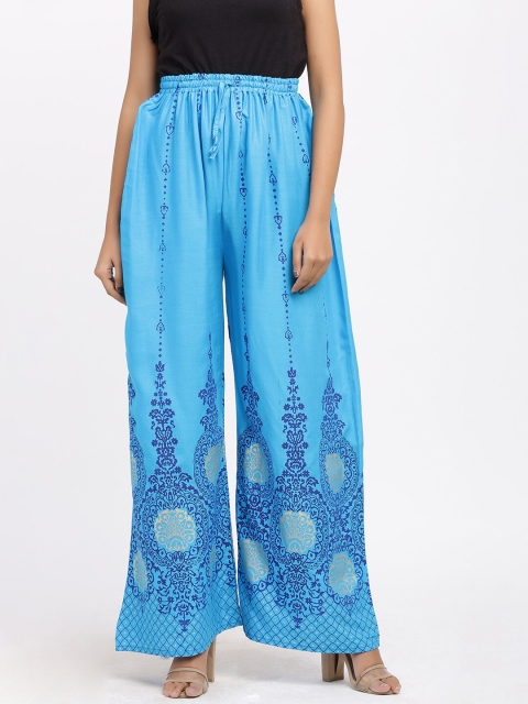 

SOUNDARYA Women Turquoise Blue Printed Flared Knitted Palazzos