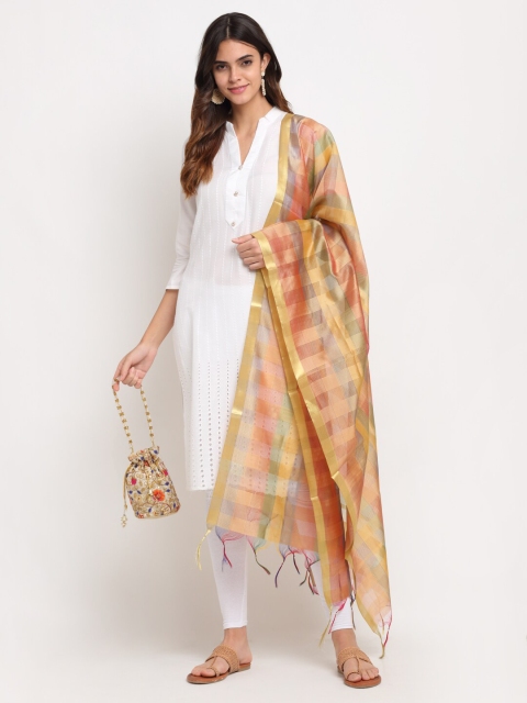 

LOOM LEGACY Mustard & Green Checked Art Silk Dupatta with Zari