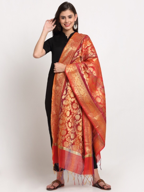 

LOOM LEGACY Red & Gold-Toned Woven Design Cotton Silk Dupatta with Zari