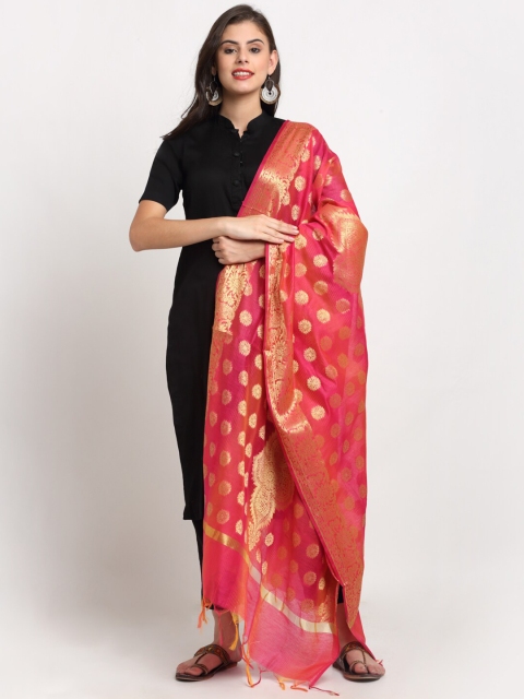 

LOOM LEGACY Magenta & Gold-Toned Ethnic Motifs Woven Design Cotton Silk Dupatta with Zari