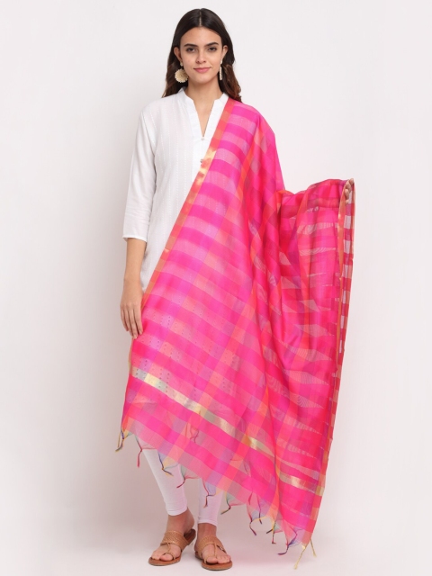 

LOOM LEGACY Magenta Checked Art Silk Dupatta with Zari