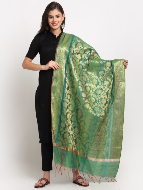 

LOOM LEGACY Green & Gold-Toned Banarasi Jacquard Dupatta