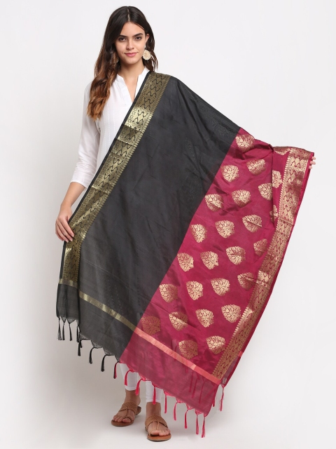 

LOOM LEGACY Magenta & Black Ethnic Motifs Colourblocked Dupatta with Zari