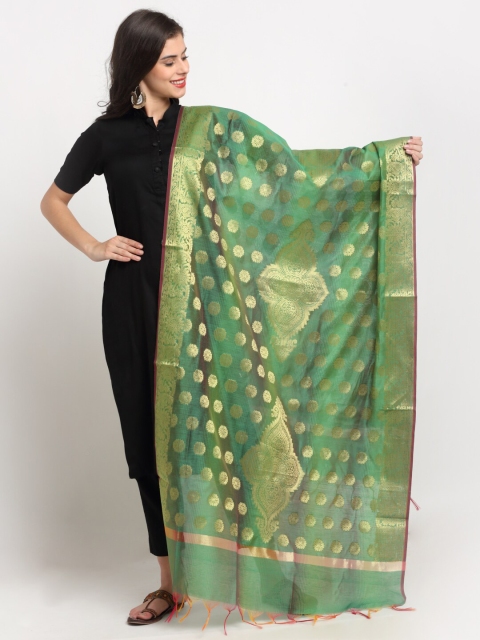 

LOOM LEGACY Green & Gold-Toned Ethnic Motifs Banarasi Jacquard Dupatta