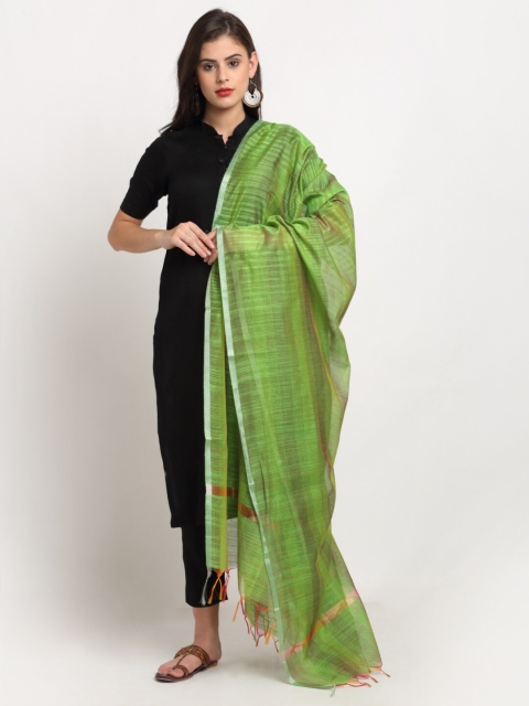 

LOOM LEGACY Green & Silver-Toned Striped Cotton Silk Dupatta with Zari