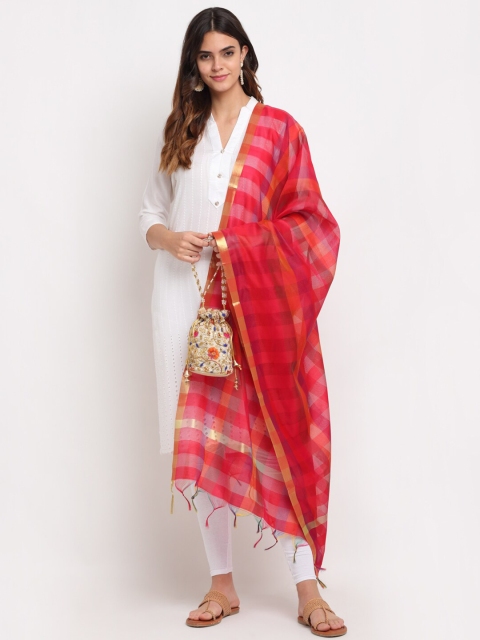 

LOOM LEGACY Red Checked Art Silk Dupatta with Zari