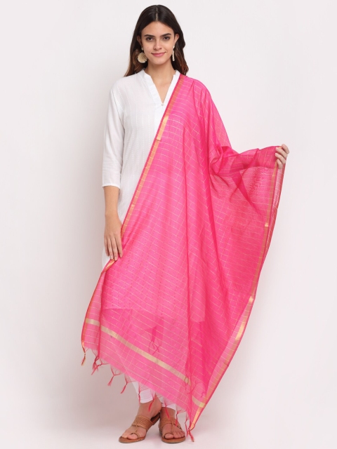 

LOOM LEGACY Pink & Gold-Toned Checked Cotton Silk Dupatta with Zari