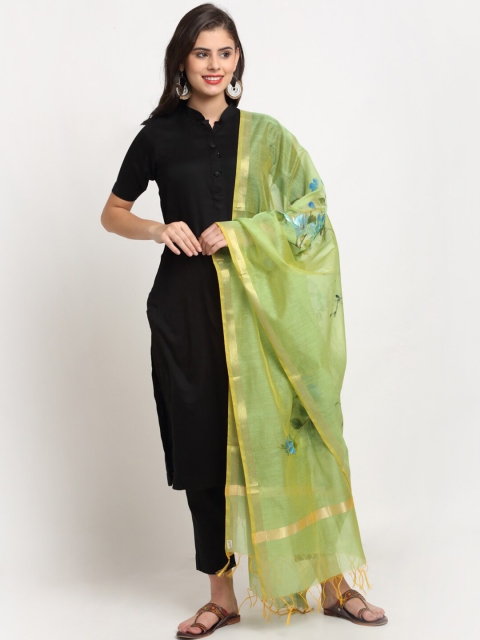 

LOOM LEGACY Lime Green & Turquoise Blue Printed Cotton Silk Dupatta with Zari