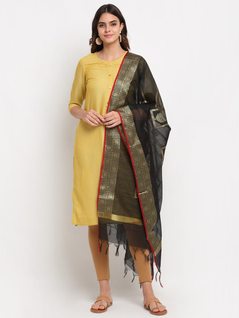 

LOOM LEGACY Black & Gold-Toned Woven Design Banarasi Jacquard Dupatta