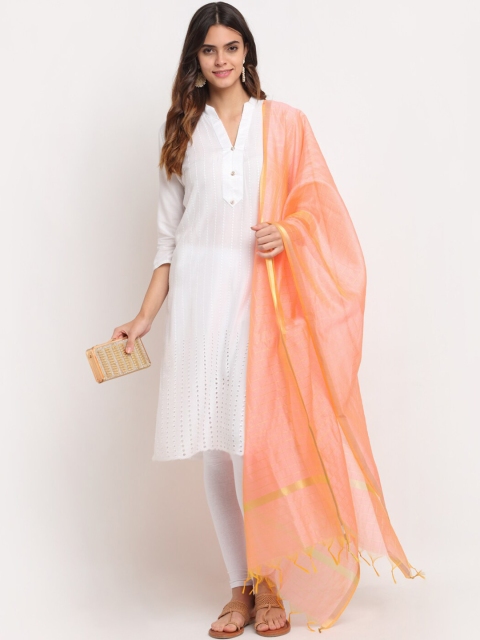 

LOOM LEGACY Peach-Coloured & Gold-Toned Checked Cotton Silk Dupatta with Zari