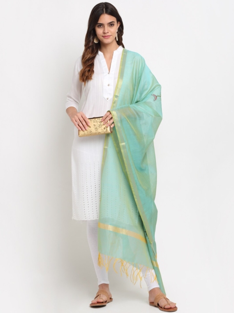 

LOOM LEGACY Turquoise Blue & Pink Printed Cotton Silk Dupatta with Zari