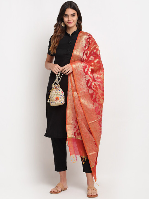 

LOOM LEGACY Red & Gold-Toned Woven Design Banarasi Jacquard Dupatta
