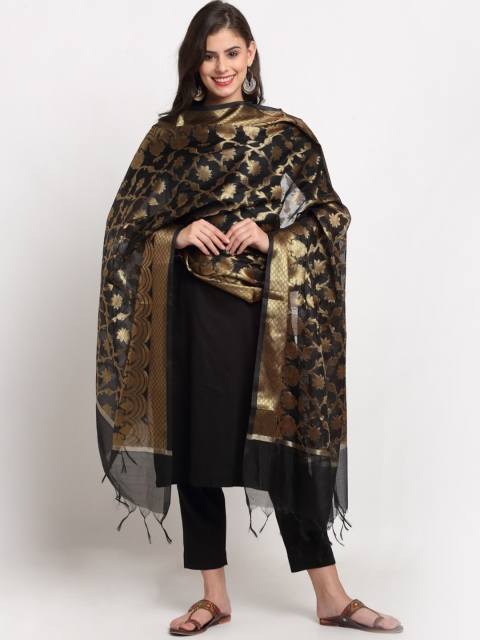 

LOOM LEGACY Black & Gold-Toned Woven Design Cotton Silk Dupatta with Zari
