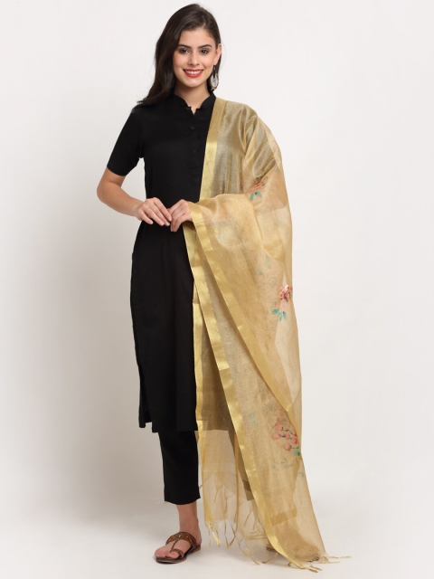 

LOOM LEGACY Gold-Toned & Green Printed Dupatta with Zari