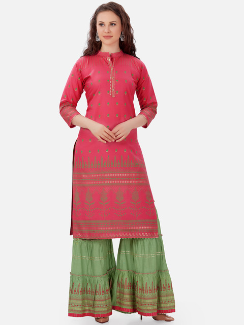 

Kiana Women Pink & Green Ethnic Motifs Printed Gotta Patti Pure Cotton Kurta with Sharara
