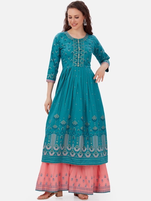 

Kiana Women Blue & Pink Ethnic Motifs Printed Pure Cotton Kurta with Sharara