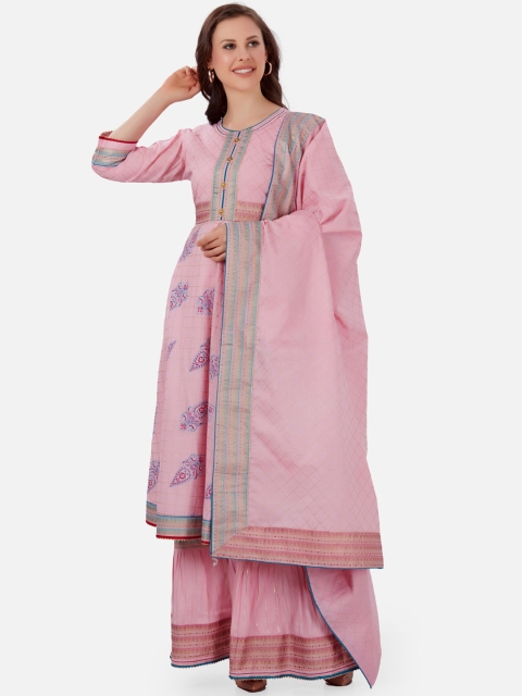 

Kiana Women Pink & Blue Printed Gotta Patti Pure Cotton Kurta with Sharara & Dupatta