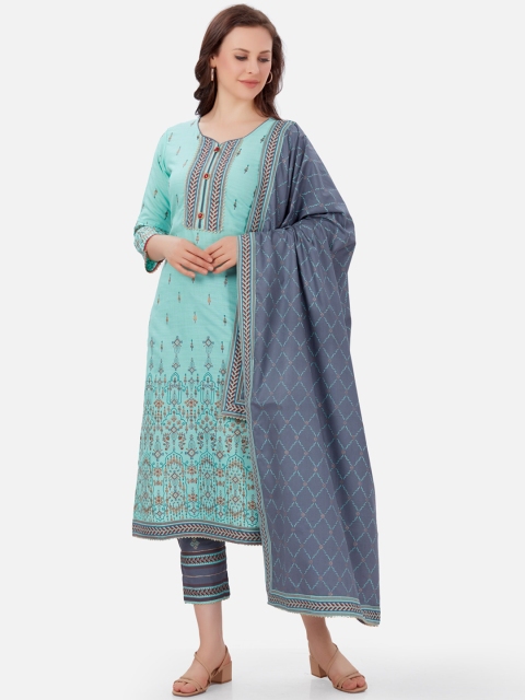 

Kiana Women Turquoise Blue & Grey Ethnic Printed Pure Cotton Kurta with Trousers & Dupatta