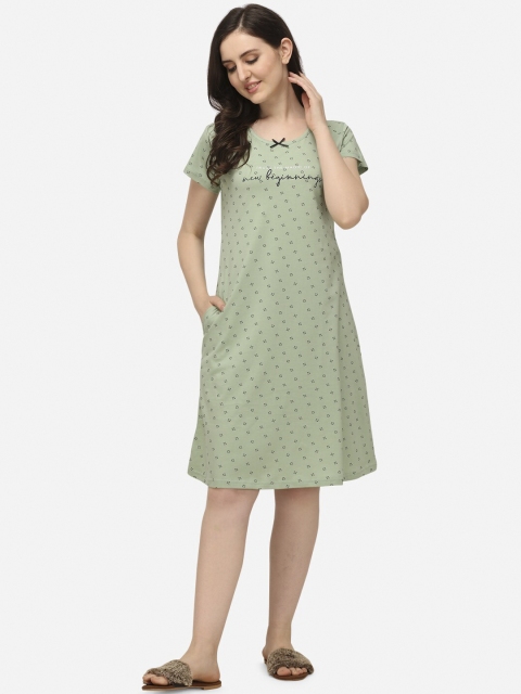 

Lenissa Women Green & Black Printed Relaxed-Fit Cotton Knee-Length Sleep Shirts