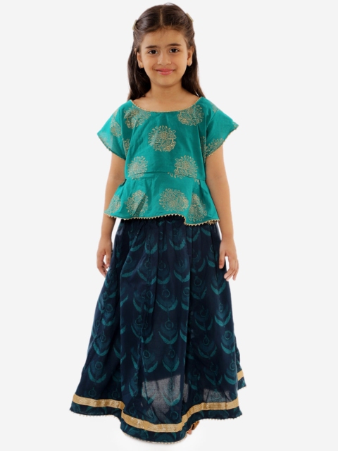 

YK Girls Green & Navy Blue Printed Ready to Wear Lehenga Choli