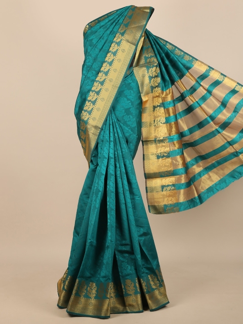

Pothys Teal & Gold-Toned Woven Design Zari Jute Silk Saree