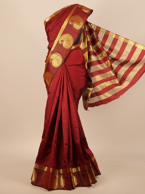

Pothys Maroon & Gold-Toned Ethnic Motifs Zari Jute Silk Saree