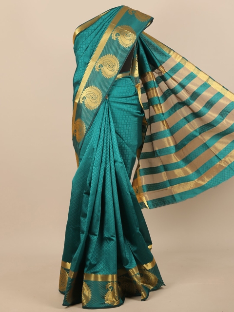 

Pothys Teal & Gold-Toned Floral Zari Jute Silk Saree