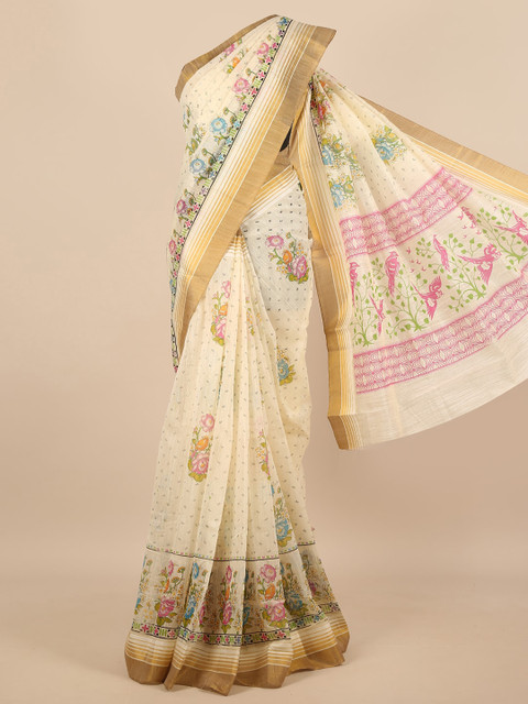 

Pothys Cream-Coloured & Pink Floral Saree