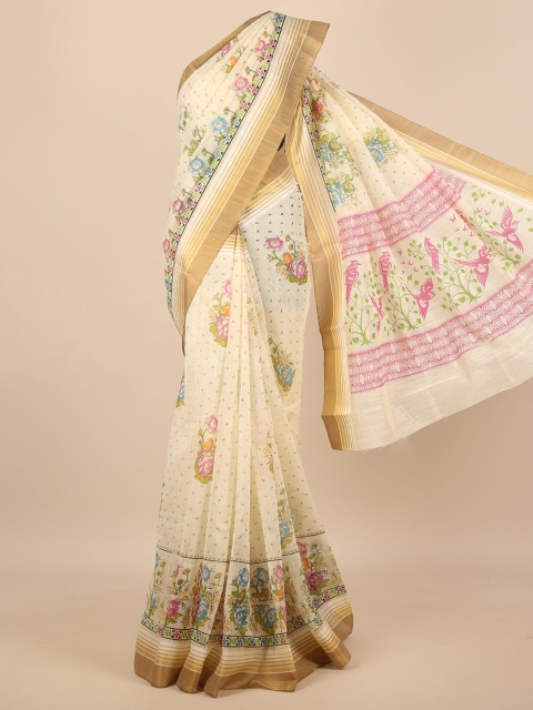 

Pothys Cream-Coloured & Pink Floral Saree