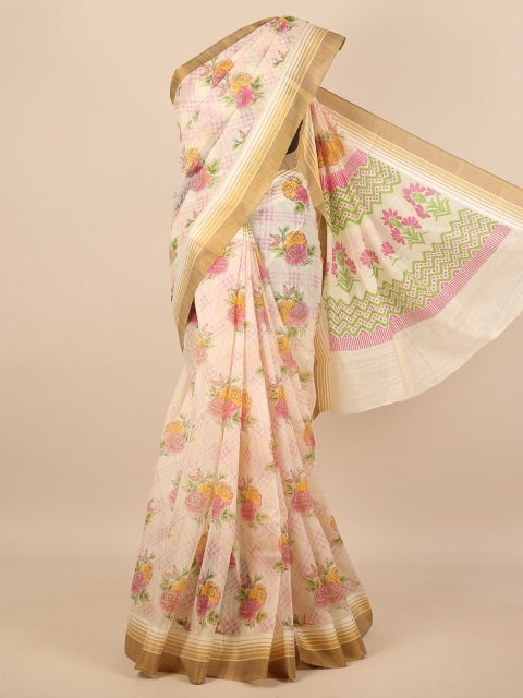 

Pothys Cream-Coloured & Green Floral Zari Saree