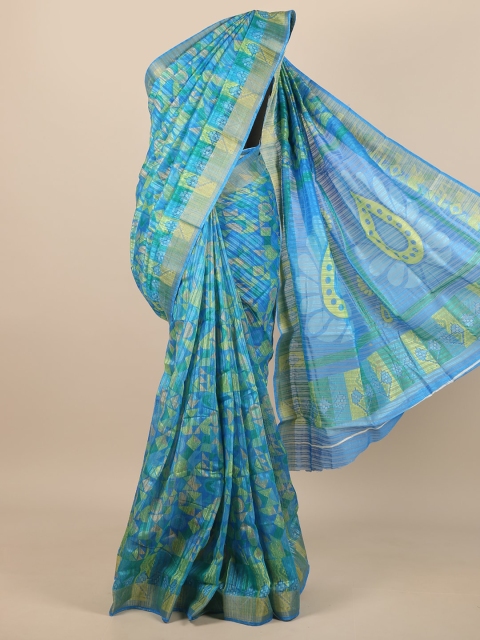 

Pothys Blue & Lime Green Printed Saree