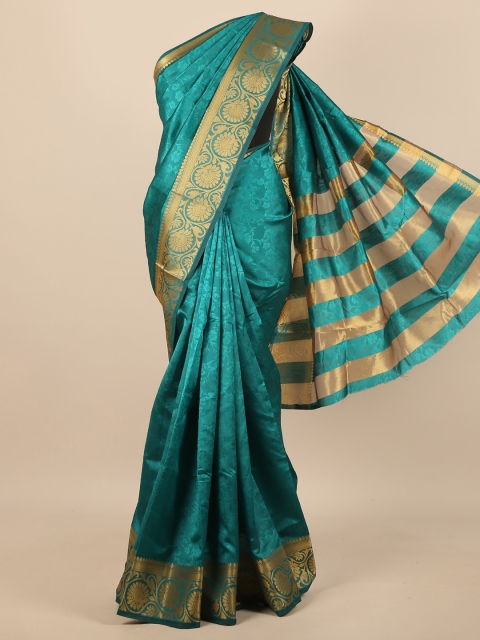 

Pothys Teal & Gold-Toned Floral Zari Jute Silk Saree