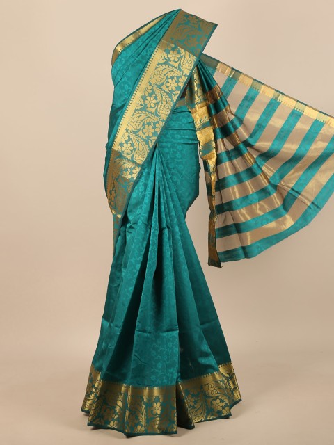 

Pothys Teal & Gold-Toned Floral Jute Silk Saree