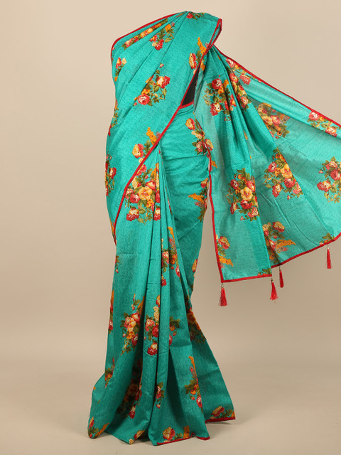 

Pothys Green & Orange Floral Jute Silk Saree