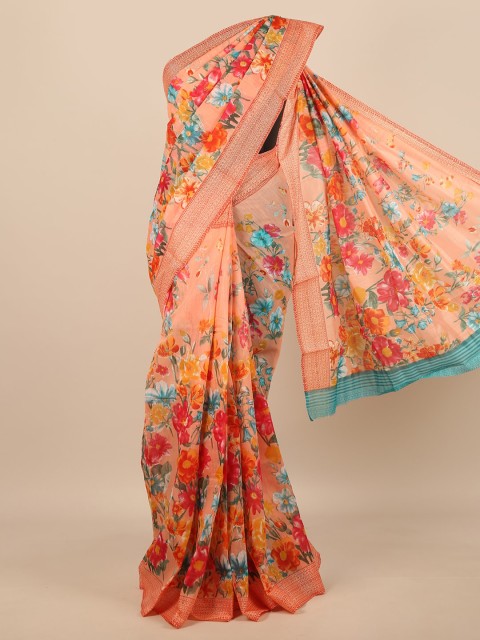 

Pothys Peach-Coloured & Grey Floral Saree