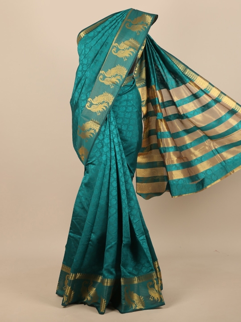 

Pothys Teal & Gold-Toned Ethnic Motifs Zari Jute Silk Saree