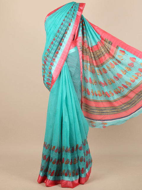 

Pothys Turquoise Blue & Red Ethnic Motifs Jute Silk Saree
