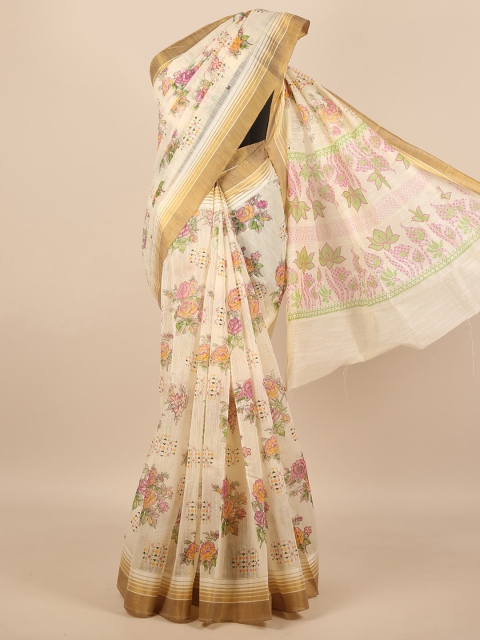 

Pothys Cream-Coloured & Pink Floral Saree