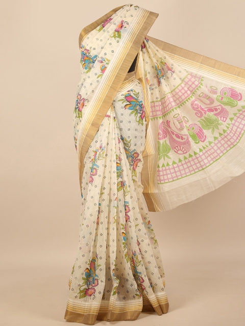 

Pothys Cream-Coloured & Pink Floral Saree