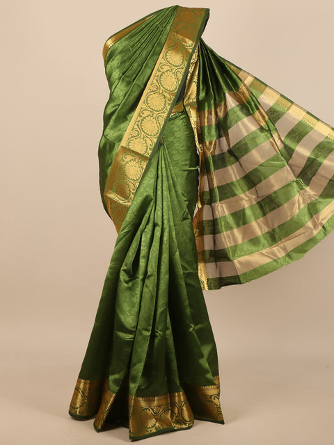 

Pothys Green & Gold-Toned Floral Zari Jute Silk Saree