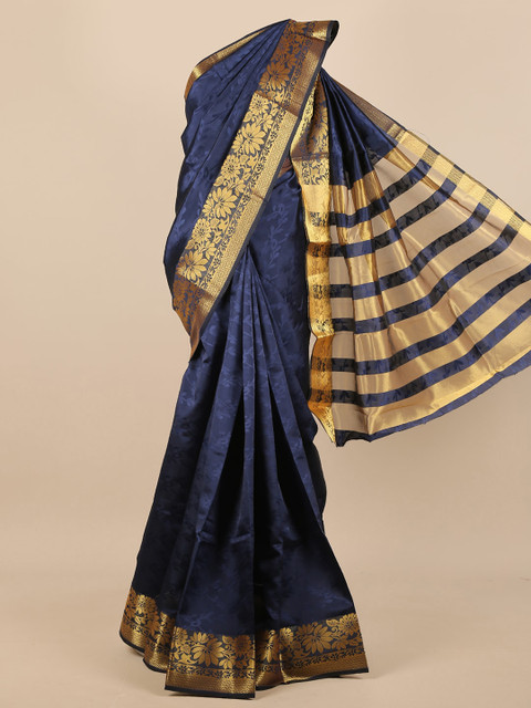 

Pothys Navy Blue & Gold-Toned Floral Jute Silk Saree