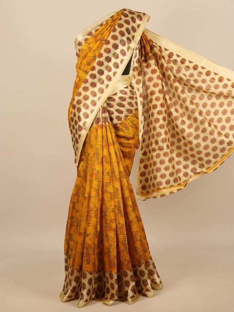 

Pothys Mustard Yellow & Cream-Coloured Printed Saree