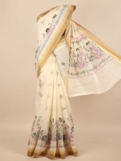 

Pothys Cream-Coloured & Pink Ethnic Motifs Saree