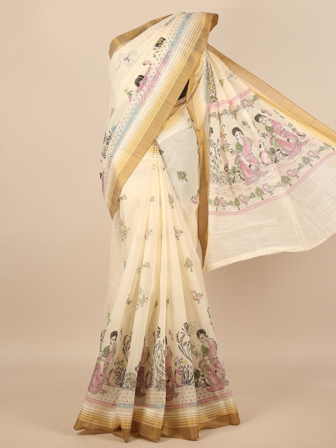 

Pothys Cream-Coloured & Pink Ethnic Motifs Saree
