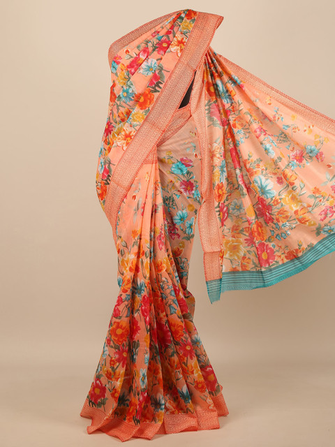 

Pothys Peach-Coloured & Blue Floral Saree